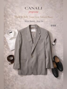 Canali Proposta Made in Italy Taupe Gray Tailored Blazer Wool Blend Size 54